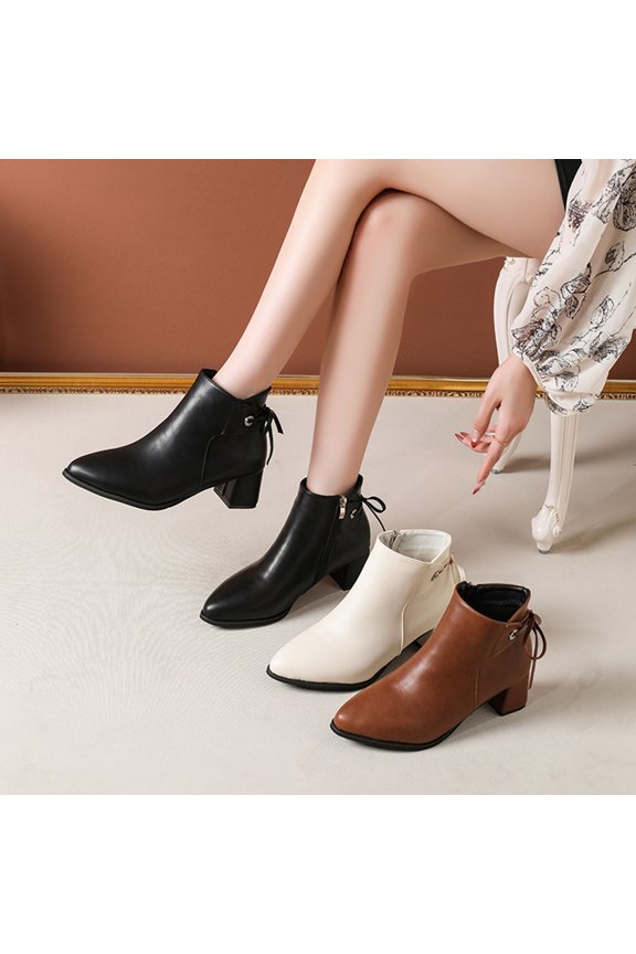Women Ankle Boots Elastic Side Zipper Booties Block Heel Pointy Toe Boots White 8.5(41)