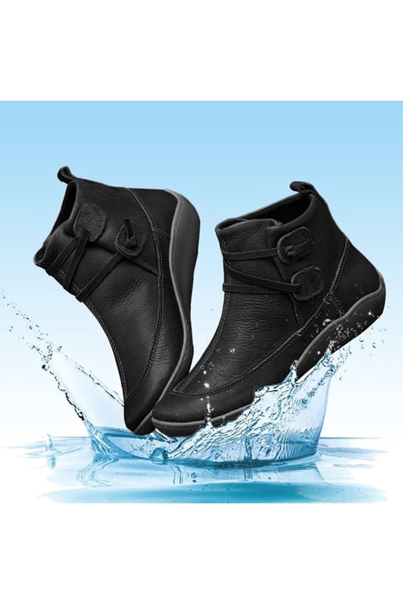 Women Arch Support Boots Clearance Comfortable Ankle Wedge Short Booties Fashion Leather Waterproof Slip On Boots Black 9.5-10(42)