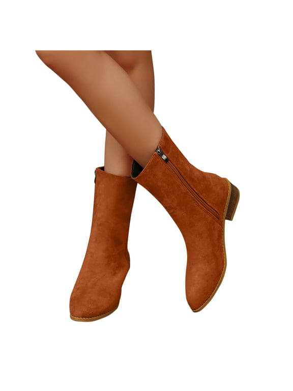 Women Classic Closed Almond Toe Ankle Boots Stacked Chunky Mid Low Heel Ankle-wrap Booties Comfort Walking Fall Winter Shoes Orange 6(37)
