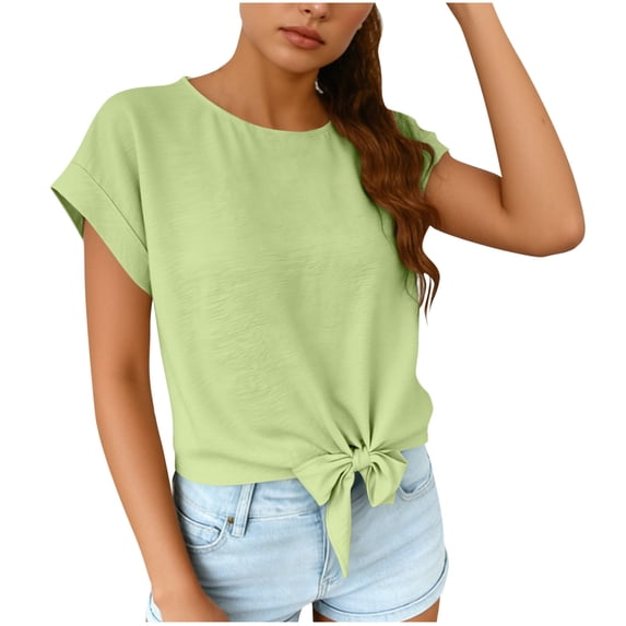 Hinvhai Women Crew Neck Shirt Summer Short Sleeve Solid Color Slim Pullovers Elegant Blouse Top with Side Bow at Hem Green XXL(XXL)