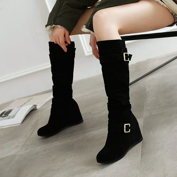 Hinvhai Women Fall Winter Suede High Boots,Fashion Retro Flat Heel Long Boots Wide Calf Side Zipper Boots Round Toe Casual Comfy Flat Boots Black 5.5(36)