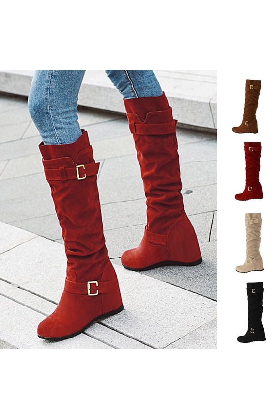 Women Fall Winter Suede High Boots,Fashion Retro Flat Heel Long Boots Wide Calf Side Zipper Boots Round Toe Casual Comfy Flat Boots Red 9.5(43)