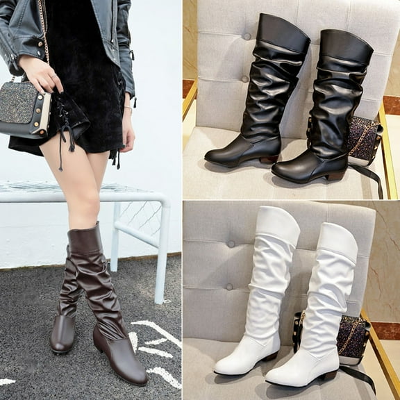 Hinvhai Women Fashion High Tube Pointed Toe Flats Boots ,Arch Support Leisure Low-heeled Leather Knee-length Western Knight Boots White 10.5(43)