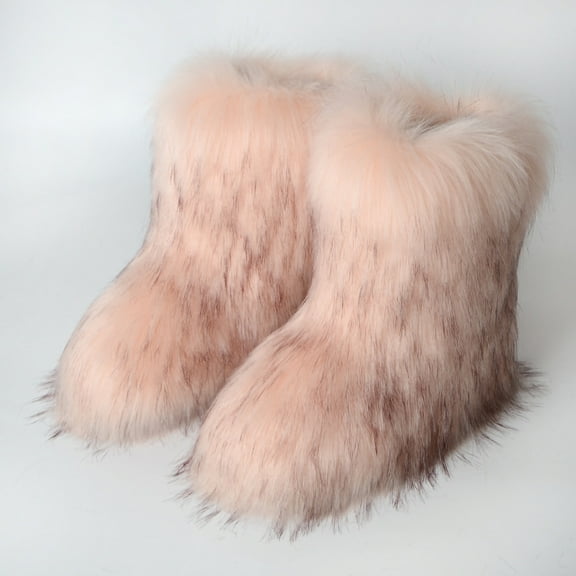 Hinvhai Women Faux Fur Boot Clearance,Fashion Classic Outdoor with Fur Lining Plus Size Furry Fluffy 2024 Flat Shoes Solid Color Fuzzy Snow Boot Pink 9-9.5(44)