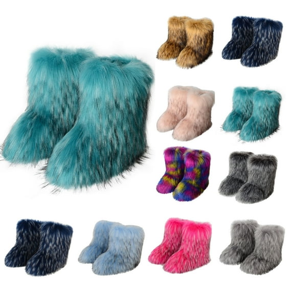 Hinvhai Women Faux Fur Boot Clearance,Fashion Classic Outdoor with Fur Lining Plus Size Furry Fluffy 2024 Flat Shoes Solid Color Fuzzy Snow Boot Yellow 9-9.5(44)