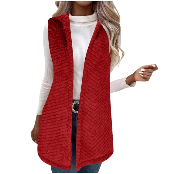 Hinvhai Women Fleece Vest Short Sleeveless Jacket Winter Warm Coats Outwear Comfy Soft Waistcoat Red L(L)