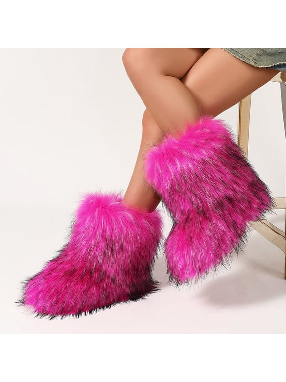 Women Fuzzy Fluffy Mid Calf Round Toe Snow Boots Women's Fashion Comfy Winter Boots Plush Warm Short Flat Heel Mid-Calf Shoes Hot Pink 7.5(40)