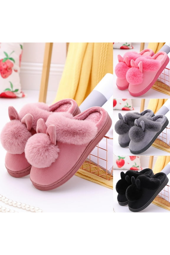 Women Girl Cute Ear Cotton Slippers Shoes Clearance Non-Slip Fluffy Bunny House Guest Slippers Fluffy Slides ry Slipper Red 8.5-9(40-41)