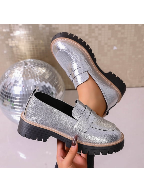 Women Loafers Chunky Heel Business Casual Platform Leather Shoes Comfortable Dress Loafers Slip On Shoes for Women Silver 8.5(41)