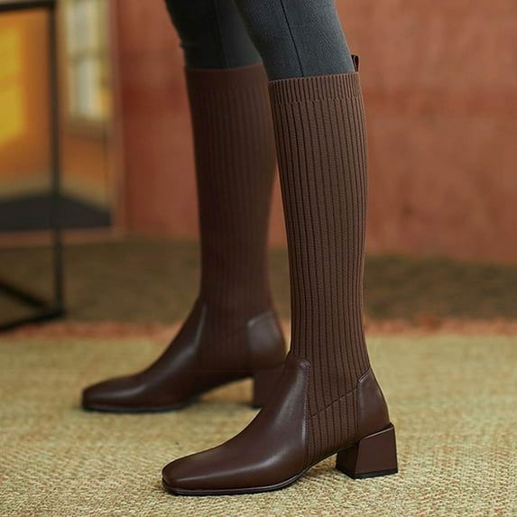 Hinvhai Women Mid Calf Boots Fall and Winter Fashion Stretch Knitted Leather Stitching Pure Color Comfortable Square Toe Square Heel Boots Brown 6.5(38)