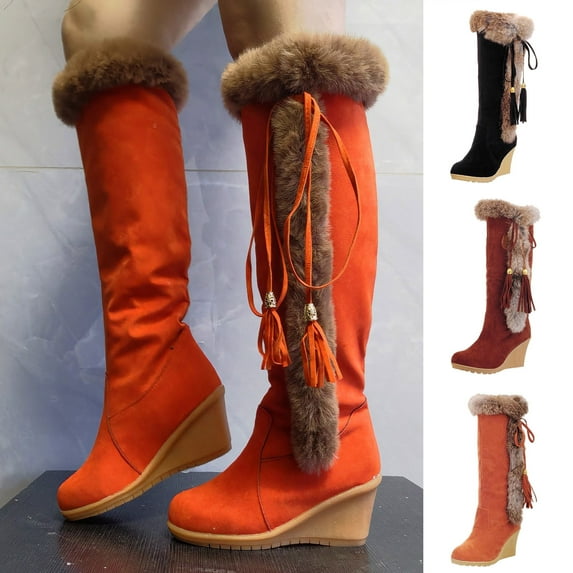 Hinvhai Women Mid-calf Boots Lace up Fashion Chunky Wedges Heel Boots Tassel Cowboy Cowgirl Boots Round-toe Knee Thigh High Boots Orange 9.5(43)