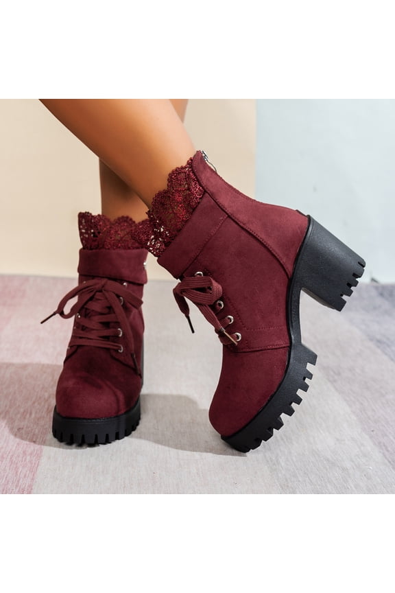 Women Platform Boots Chunky Heel Ankle Booties Lace Buckle Combat Boots with Zipper High Heel Shoes Wine 5.5(36)