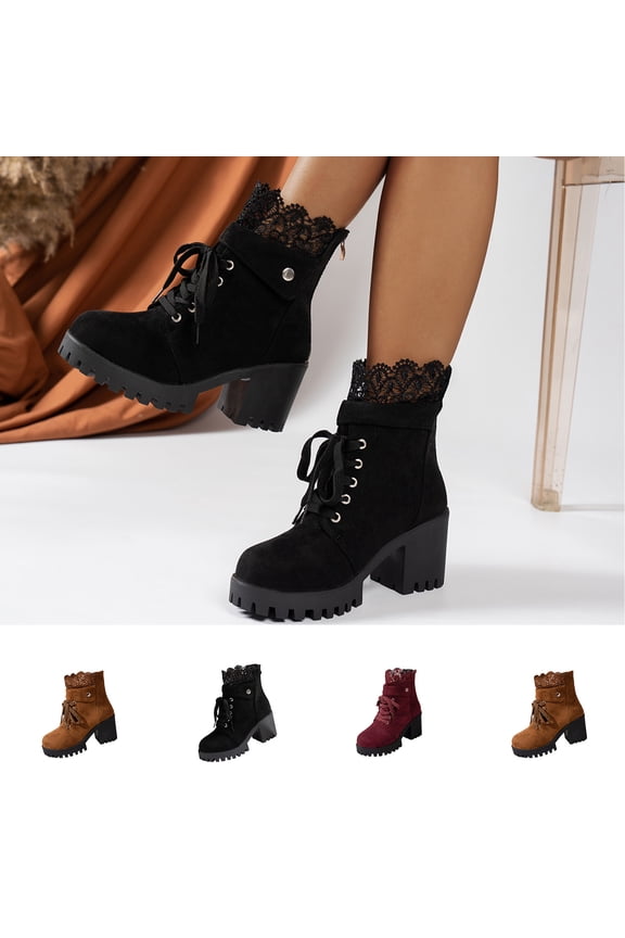 Women Platform Boots Chunky Heel Ankle Booties Lace Buckle Combat Boots with Zipper High Heel Shoes Wine 9.5(43)