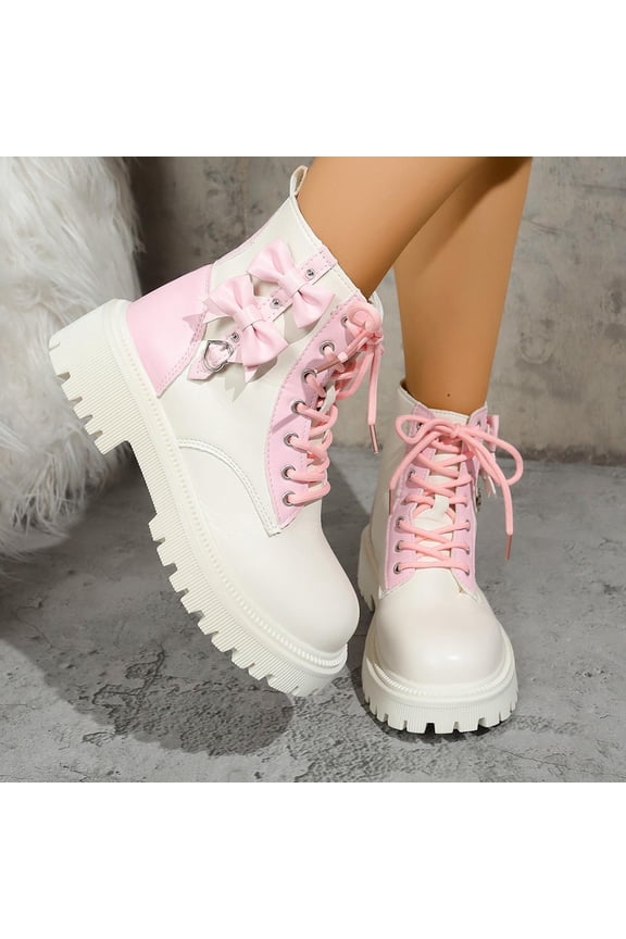 Women Platform Goth Boots Chunky Heel Rave Boots Lace Up Combat Booties Round Toe Booties Shoes Cute Shoes White 6(37)