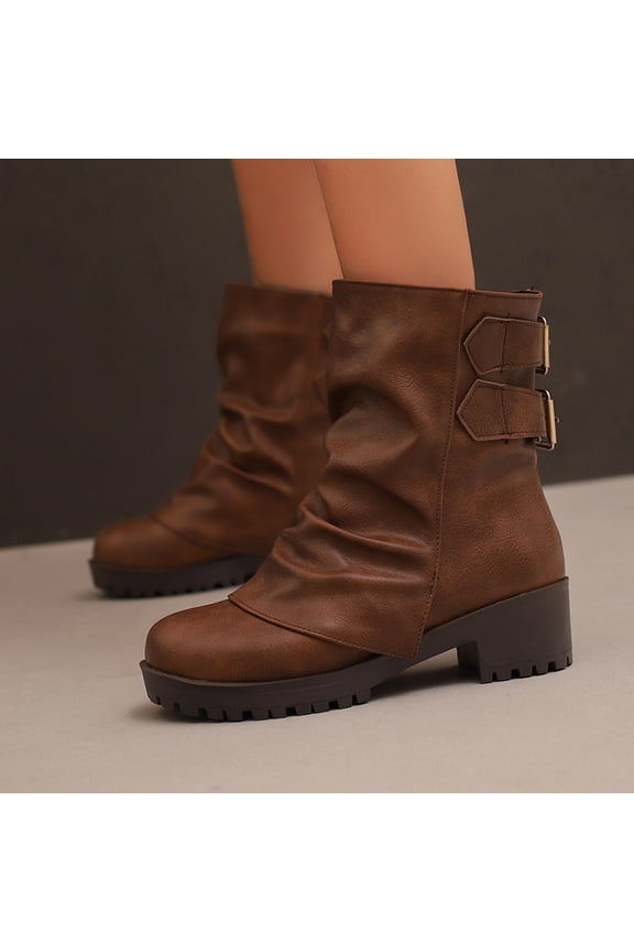 Women Riding Ankle Boots Buckle Strap Fold Over Combat Booties Round Toe Chunky Low Heels Pull On Biker Vintage Slouchy Ruched Leather Boot Brown 6.5(38)