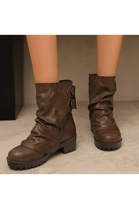 Women Riding Ankle Boots Buckle Strap Fold Over Combat Booties Round Toe Chunky Low Heels Pull On Biker Vintage Slouchy Ruched Leather Boot Coffee 6(37)