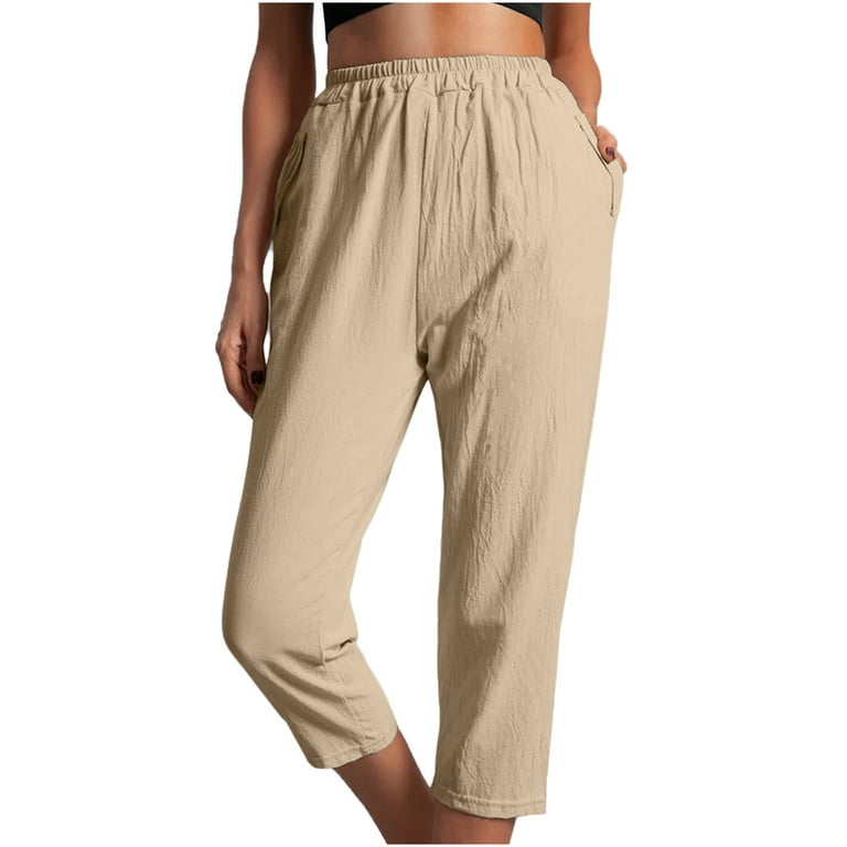 Hinvhai Women Solid Color Pockets Elastic Waist Comfortable Straight  Calf-Length Pants On Clearance Khaki 8(L)