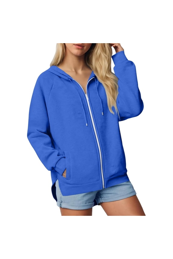 Women Zip Up Hoodies Raglan Sleeves Lightweight Plus Size Hooded Sweatshirt Side Split Hoodie Jackets with Pocket Blue XXL(XXL)