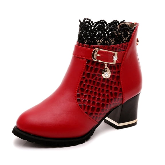 Hinvhai Women's 2024 Fall Winter Vintage Short Boots ,Fashion Classic Leather Lace Chunky Low Heel Comfortable Short Boots Red 6.5-7(37)
