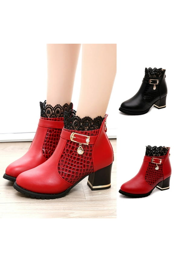 Women's 2024 Fall Winter Vintage Short Boots ,Fashion Classic Leather Lace Chunky Low Heel Comfortable Short Boots Red 8.5(40)