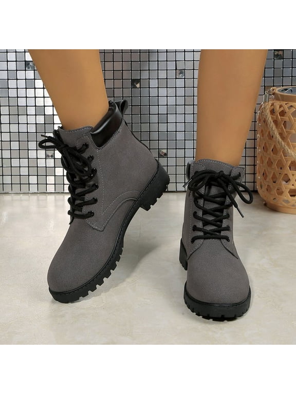 Women's Ankle Boots Lace up, Flat Fashion Combat Booties Low Heel Gray 5.5(36)