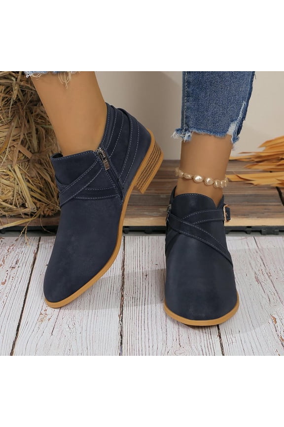 Women's Ankle Boots Low Chunky Stacked Heel Comfortable Round Toe Booties Navy 5.5(36)
