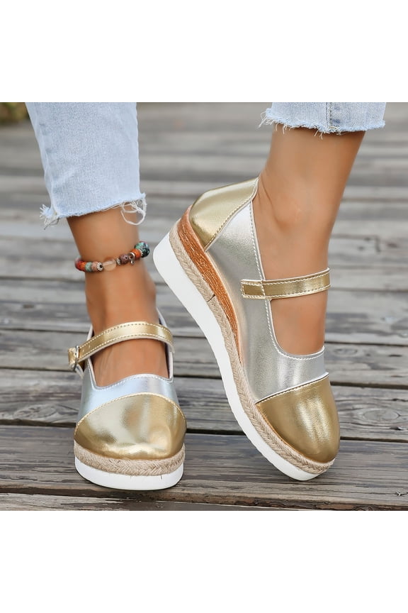Women's Ankle Strap Round Closed Toe Espadrilles Wedges Heel Dress Shoes Silver 6.5(38)