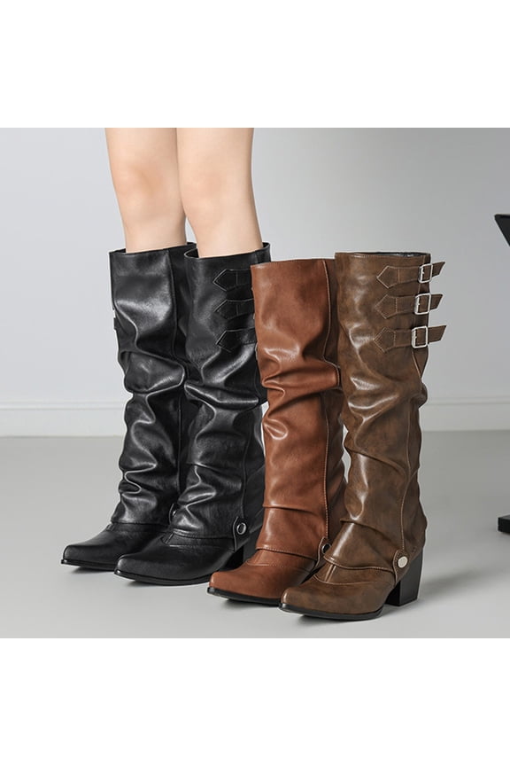Women's Block High Heel Square Toe Buckle Strap Fold Over Knee High Boots Coffee 9.5(43)