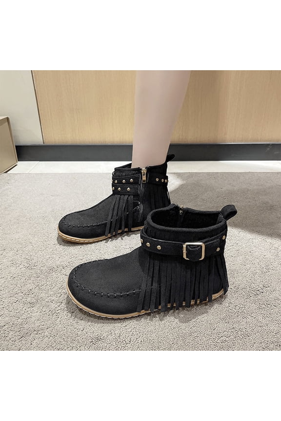 Women's Boots Casual Vintage Fringe Boots,Lightweight Comfy Suede High Top Round Toe Hippie Moccasin Short Booties Black 6(37)