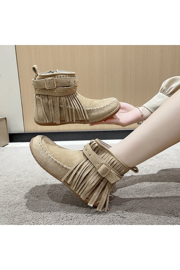 Women's Boots Casual Vintage Fringe Boots,Lightweight Comfy Suede High Top Round Toe Hippie Moccasin Short Booties Khaki 5.5(36)