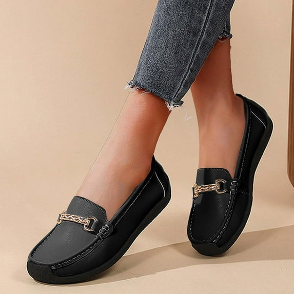 Hinvhai Women's Business Loafers Work Casual Flats Shoes Lightweight Penny Leather Slip On Walking Shoes Black 9.5(43)