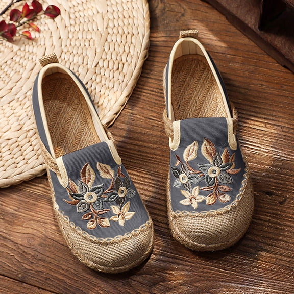Hinvhai Women's Casual Flat,Fashion Classic Embroidery Print Canvas Non Slip Walking Espadrilles Soft Comfortable Breathable Loafer Shoes Gray 5.5(36)