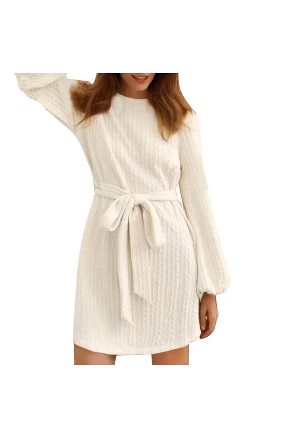 Women's Casual Knitted Sweater Dress ,Classic Long Sleeve Cable Knit Belted Dress Loose Mini Tunic Pullover Sweater Dress for Womens White 4(S)