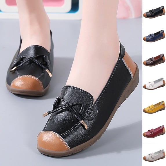 Hinvhai Women's Casual Leather Flats Shoes Comfort Soft Bottom Slip-on Loafers Non-Slip Round Toe Fashion Driving Walking Shoes Yellow 9.5(43)