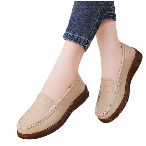 Hinvhai Women's Casual Penny Loafers Driving Moccasins Comfort Slip on Flat Boat Shoes Walking Shoes Beige 8(41)