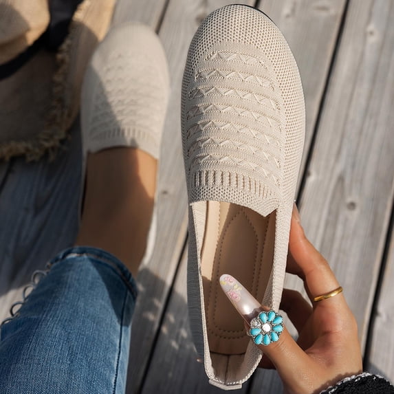 Hinvhai Women's Casual Slip On Flat Shoes Knit Round Toe Comfortable Walking Ballet for Summer Outfits with Low Heel Beige 6.5(38)