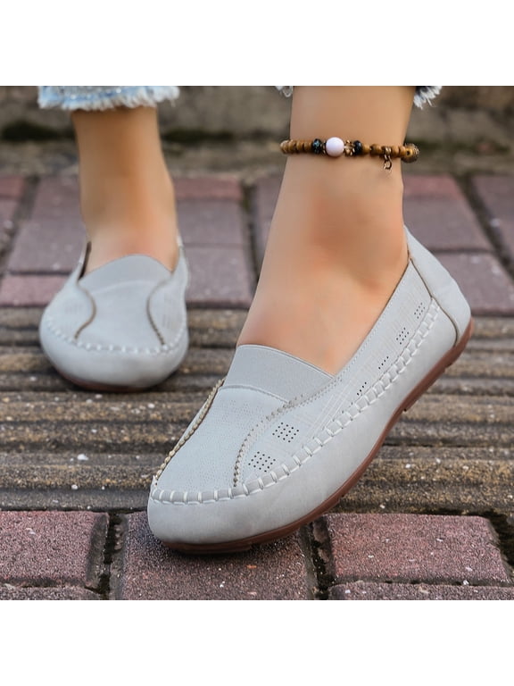 Women's Casual Soft Leather Flats Shoes Comfortable Penny Loafers Slip-Ons Softsole Driving Walking Moccasins Boat Shoes Gray 9.5(43)