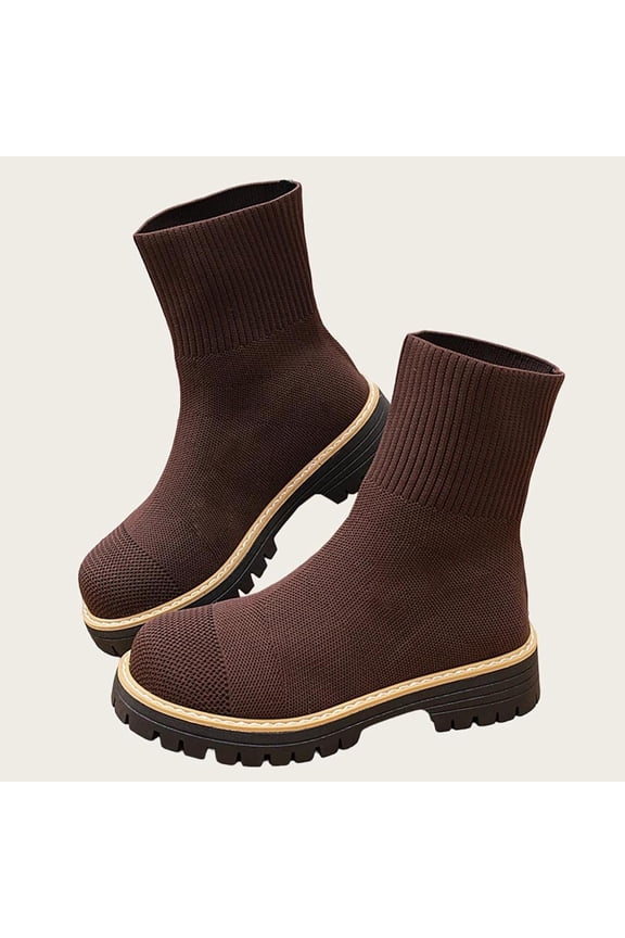 Women's Chelsea Ankle Knit Boots Round Toe Low Heel Lug Sole Platform Fall Sock Booties Shoes Brown 8.5(41)