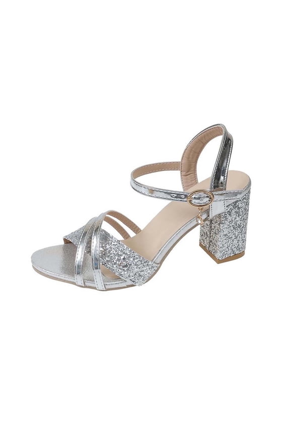 Women's Chunky High Heels Sandals Glitter Sequin Round Open Toe Ankle Strap Block Heel Dress Shoes Silver 7.5(40)