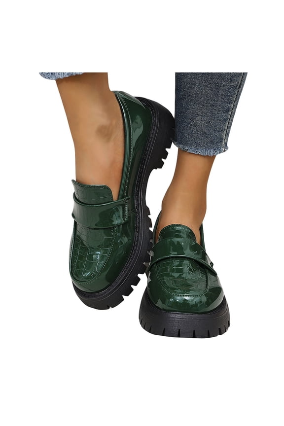 Women's Chunky Platform Penny Loafers Round Toe Slip-On Dress Shoes with Non-Slip Lug Sole for Business Work and Daily Casual Wear Green 6.5(38)
