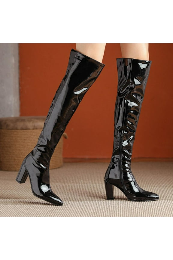 Women's Chunky Thigh High Patent Leather Boots Over the Knee High Heel Boots Pointed Toe Block Heel Zip Up Shoes Black 5(35)