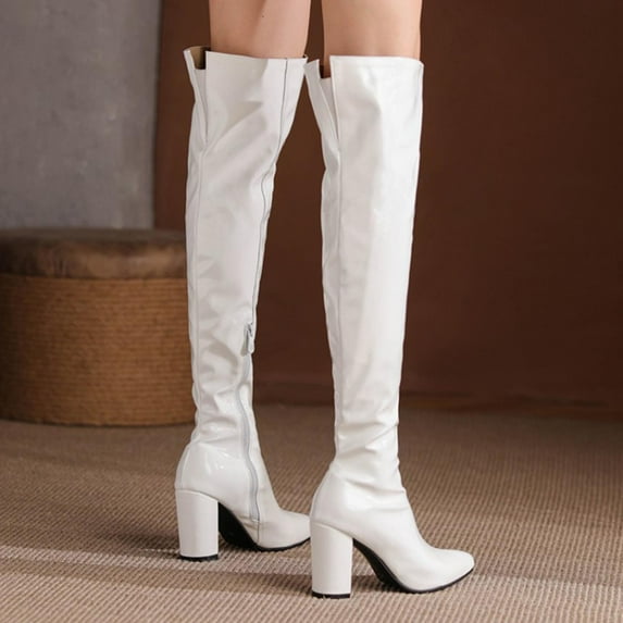 Hinvhai Women's Chunky Thigh High Patent Leather Boots Over the Knee High Heel Boots Pointed Toe Block Heel Zip Up Shoes White 7.5(40)