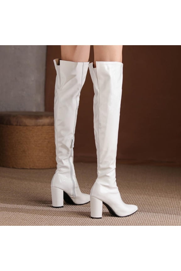 Women's Chunky Thigh High Patent Leather Boots Over the Knee High Heel Boots Pointed Toe Block Heel Zip Up Shoes White 8.5(41)