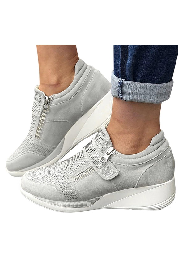 Women's Clearance Fashion Rhinestone Sneakers,Classic Arch Support Casual Platforms Wedges Walking Glitter Bling Non Slip Comfotable Shoe Gray 4.5(35)