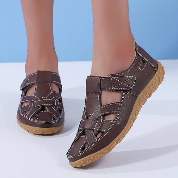 Hinvhai Women's Closed Toe Leather Sandals,Casual Comfy Orthotic Softsole Ankle Strap Boho Gladiator Beach Shoes Coffee 7.5(40)