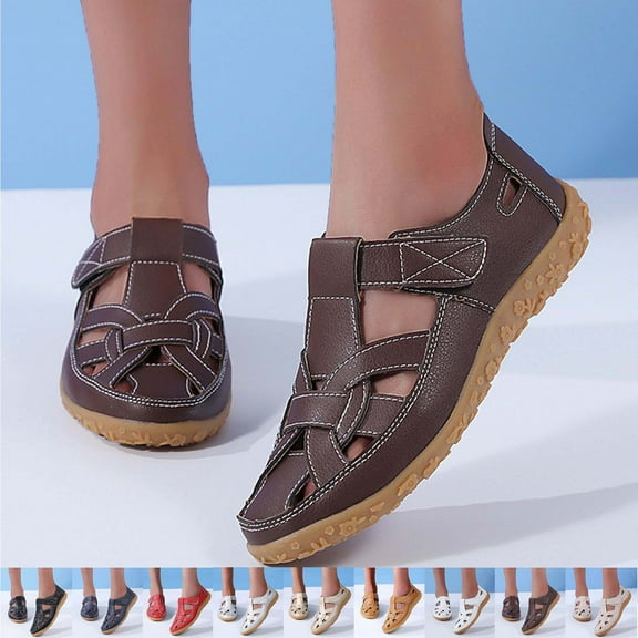 Hinvhai Women's Closed Toe Leather Sandals,Casual Comfy Orthotic Softsole Ankle Strap Boho Gladiator Beach Shoes White 9.5(43)