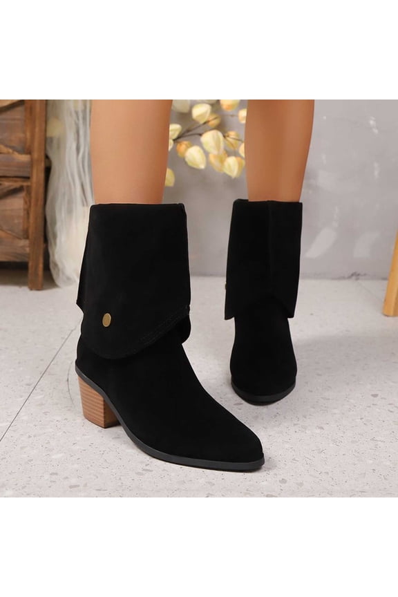 Women's Closed Toe Pointed Slouch Fold Over Flat Ankle Boots Fashion Suede Slip On Comfortable Low Chunky Heel Non-Slip Booties Black 5.5(36)