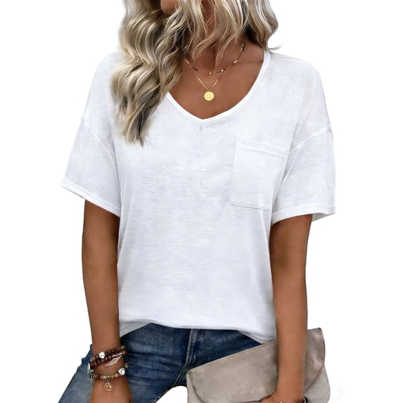Hinvhai Women's Cotton Linen Shirt Oversize Blouse Short Sleeve Crew Neck Solid Color Loose Fit Tshirt White S(S)