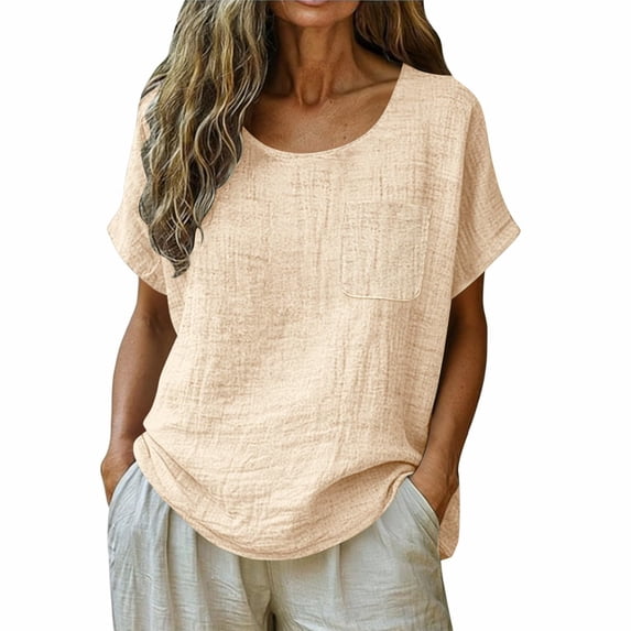 Hinvhai Women's Cotton Linen Tops Shirts Summer Casual Crew Neck Solid Color Basic Pullover Blouse with Pocket Beige S(S)
