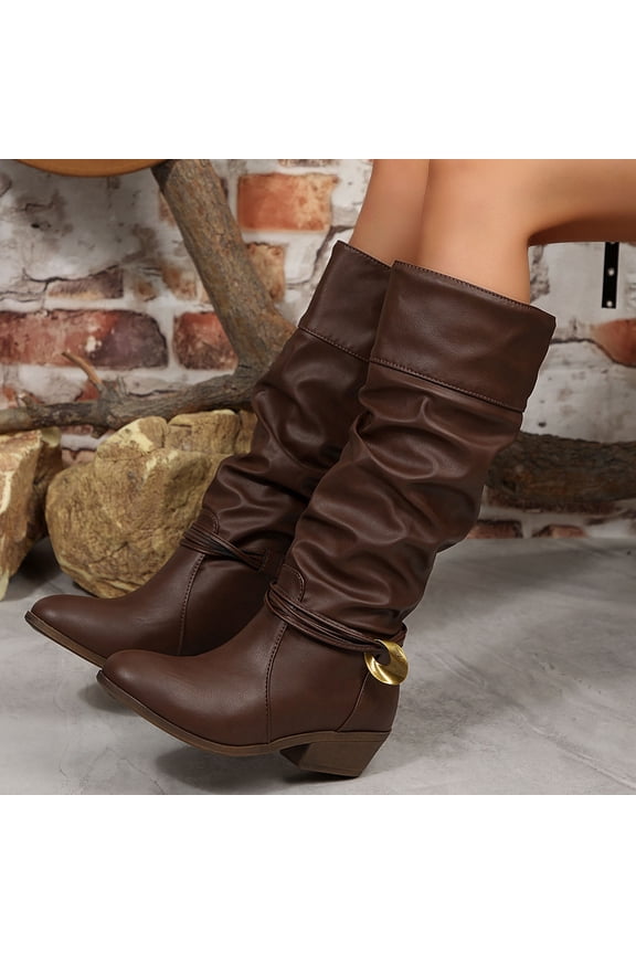 Women's Cowgirl Mid Calf Boots Western Cowboy Slouch Ruched Leather Wide Calf Metal Buckle Straps Chunky Booties Brown 7(39)